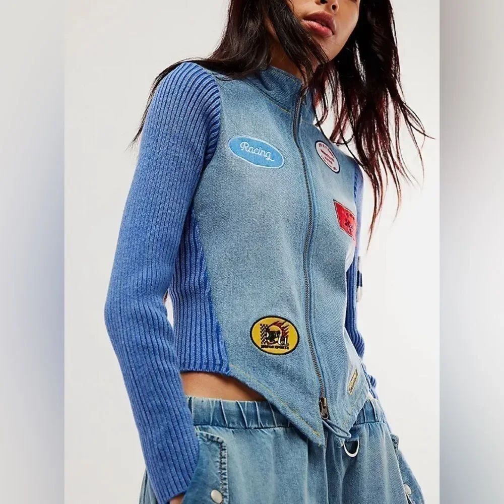 Free People Understated Leather Denim Racing Moto Jacket Size S